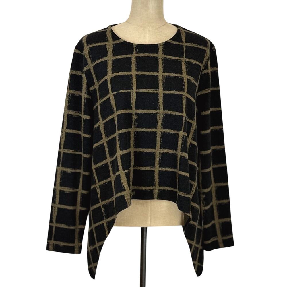 NWT Sassy Grid Pattern Asymmetrical Tunic Sweater Top Black Olive XXL